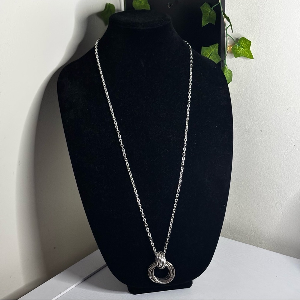 Silver Tone Long Circle Pendant Necklace | Modern Minimalist